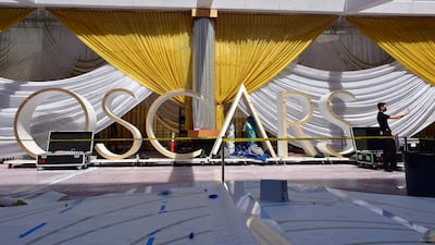 Preparations for the Oscars red carpet. AFP