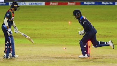 India's Sanju Samson celebrates after the dismissal Sri Lanka's Dasun Shanaka.