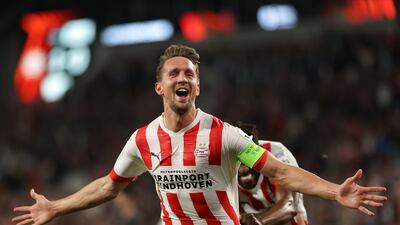 Luuk de Jong celebrates after scoring PSV's second goal. Getty