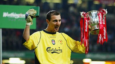 Liverpool goalkeeper Jerzy Dudek after Liverpool win the 2003 League Cup against Manchester United. Ben Radford / Getty Images