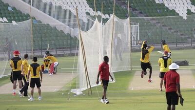 Zimbabwe's cricket team attend a practice session at the Gaddafi Cricket Stadium in Lahore on Tuesday ahead of their series with Pakistan. Rahat Dar / EPA