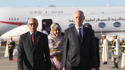 Tunisian President Kais Saied, right, welcomes the head of the Polisario Front movement, Brahim Ghali, on his arrival in Tunis. EPA