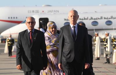 Tunisia's President Kais Saied, right, with the head of the Polisario Front movement, Brahim Ghali, in Tunis on August 26. EPA