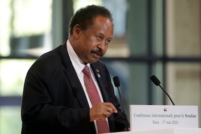 Sudanese Prime Minister Abdalla Hamdok speaks at summit to support Sudan in Paris on May 17, 2021, in Paris. AP Photo