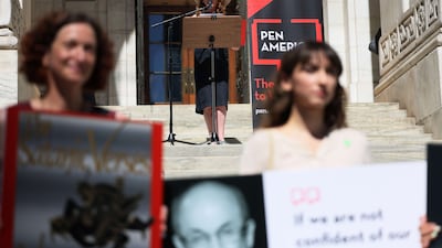 Jennifer Egan, Pulitzer Prize-winning novelist and president of freedom of speech non-profit PEN America, speaks in show of solidarity with Rushdie. Getty Images / AFP