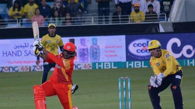 Islamabad United's Sharjeel Khan plays a shot in the Pakistan Super League final on Sunday night against Peshawar Zalmi. Photo Courtesy / PSL