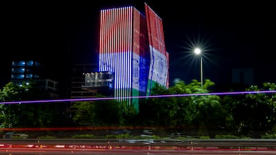 A building is illuminated with the Indian national flag on the outskirts of New Delhi. Getty