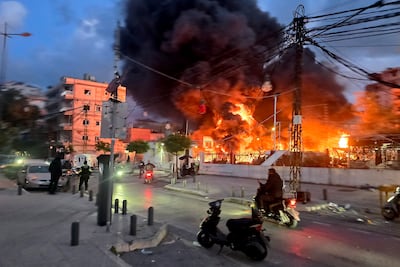 A blaze sweeps following Israeli bombardment on a solar farm and electricity generation facility in Lebanon's southern coastal city of Tyre on March 4, 2026. AFP