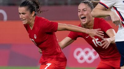 Canada midfielder Jessie Fleming celebrates her match-winning penalty against USA with teammate Janine Beckie.