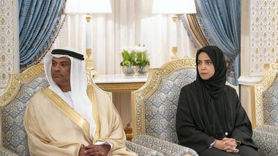 Eissa Al Dhaheri, UAE Ambassador to Afghanistan, left; and Maryam Eid Al Mheiri, chief executive of Media Zone Authority and twofour54; attend a reception at the Presidential Palace.