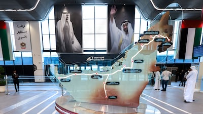 A 3D map of the UAE inside the station shows the planned route of Etihad Rail's nationwide passenger network