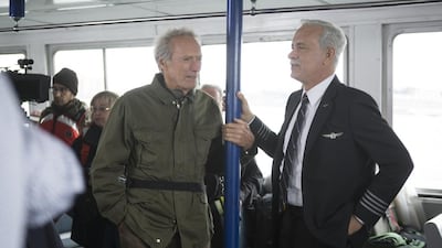 Director Clint Eastwood, left, with Tom Hanks on the set of Sully. Keith Bernstein / courtesy Warner Bros Pictures