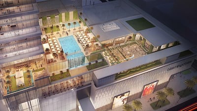 Rendering of the Hotel’s rooftop amenities at Al Maryah Central, a 2.3 million-square-foot super-regional shopping centre located at the core of Al Maryah Island in Abu Dhabi. Courtesy Gulf Related