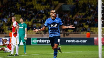 Tottenham's Erik Lamela begins to celebrate his goal against Monaco on Thursday night at the Stade Louis II. Julian Finney / Getty Images