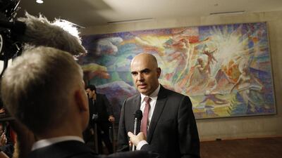 Swiss president Alain Berset speaks to the media on a hallway inside the UN on the sidelines of the General Debate of the General Assembly of the United Nations at United Nations Headquarters. EPA