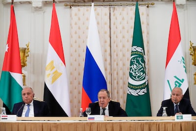 Egypt's Foreign Minister Sameh Shoukry, left, Secretary General of the League of Arab States Ahmed Aboul Gheit, right, and Russian Foreign Minister Sergey Lavrov, centre, during a news conference in Moscow. EPA
