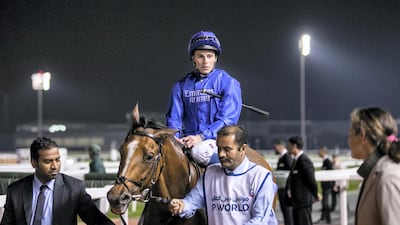 Godolphin horse Barney Roy, pictured with jockey William Buick, at Jebel Hatta. Reem Mohammed / The National