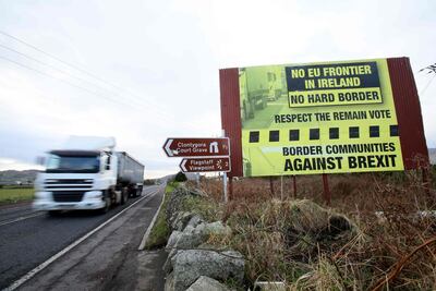 A Brexit Border poster on the Dublin road Co Armagh border between Northern Ireland and the Irish Republic. Paul Faith /AFP
