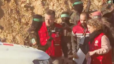 Screengrab of hostages being released in Khan Younis. Sky News Arabia