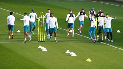 Manchester City players during a training session at the City Football Academy. PA
