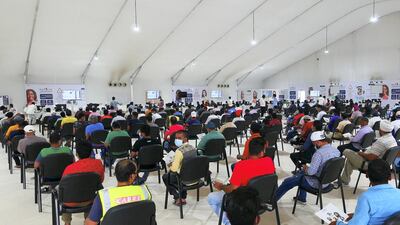 Nearly 5,000 people are inoculated daily at Dubai Parks and Resorts vaccination centre. All photos by Pawan Singh / The National.