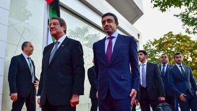 Sheikh Abdullah and Nicos Anastasiades at the ceremony. Wam