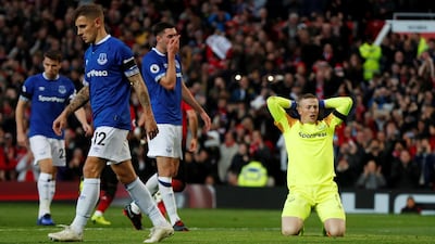 Everton's Jordan Pickford reacts after Manchester United's first goal. Action Images via Reuters