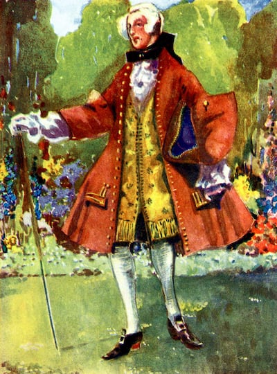 Menswear during the reign of George II (1727 -1760), when wearing a colourful frock coat with wide skirts and long waistcoat was regular. Getty Images
