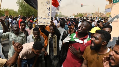 Sudanese protesters at a rally marking the third anniversary of a 2019 sit-in outside army headquarters in Khartoum, Sudan. EPA