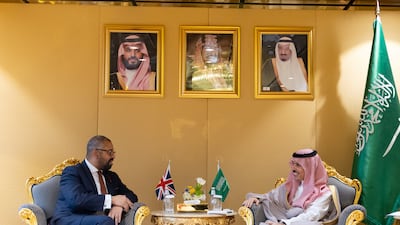 British Foreign Secretary James Cleverly meets with Saudi Arabia's Foreign Minister Prince Faisal bin Farhan Al Saud in Riyadh. Saudi Press Agency