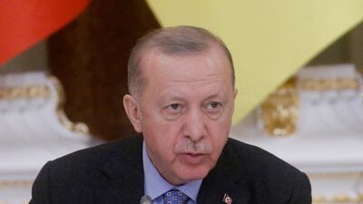 Turkish President Recep Tayyip Erdogan in Kyiv, Ukraine, on February 3. Reuters