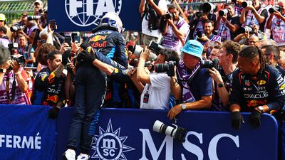 Race winner Max Verstappen of the Netherlands and Oracle Red Bull Racing celebrates with fans. Getty Images