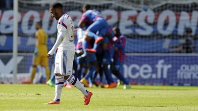 Lyon's Alexandre Lacazette reacts during his side's Ligue 1 loss to Caen on Saturday. Charly Triballeau / AFP / May 9, 2015