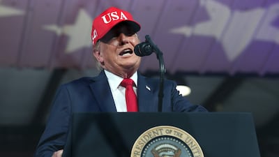 GASTONIA, NORTH CAROLINA - SEPTEMBER 16: U. S. President Donald Trump speaks during a campaign rally with North Carolina Republican Senate candidate and former RNC Chairman Michael Whatley at Gastonia Municipal Airport on September 16, 2026 in Gastonia, North Carolina. Whatley, currently trailing in the polls, will face off against Democratic Senate candidate and former North Carolina Gov. Roy Cooper in the midterm elections on November 3. Anna Moneymaker / Getty Images / AFP (Photo by Anna Moneymaker / GETTY IMAGES NORTH AMERICA / Getty Images via AFP)