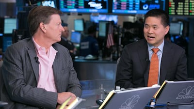 Brad Katsuyama on CNBC with the Flash Boys author Michael Lewis. Getty Images