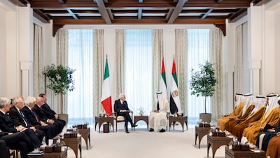 The talks were attended by senior UAE officials and members of Mr Mattarella's delegation. Ryan Carter / UAE Presidential Court