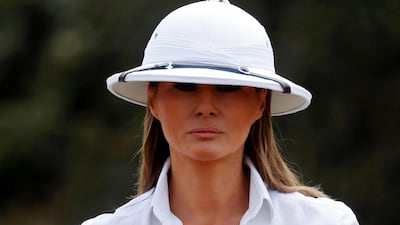 U.S. first lady Melania Trump on safari in Nairobi, Kenya on Friday wearing a style of hat widely associated with colonial imperialism. Photo / Reuters