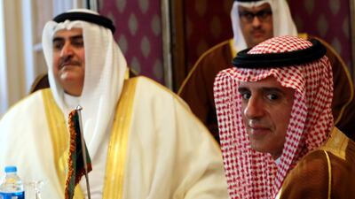 Saudi foreign minister Adel Al Jubeir, right, and Bahraini foreign minister Khalid bin Ahmed Al Khalifa look on during the meeting. Khaled Elfiqi / Pool