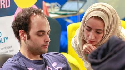 Jummy Takieddine, left, and Katral-Nada Hassan at the Dubai Startup Weekend at Astrolabs Dubai. Victor Besa for The National