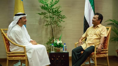 Sheikh Abdullah bin Zayed, Minister of Foreign Affairs and International Cooperation, meets with the President of Palau, Tommy E Remengesau, during a visit to inaugurate three solar energy projects. Wam