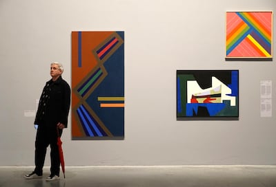 This room devoted to global abstraction includes work by Iraqi artist Mahmoud Sabri (left), Lebanese artist Saloua Raouda Choucair (centre) and Dominican artist Freddy Rodriguez (right). Photo: Andrea Merola