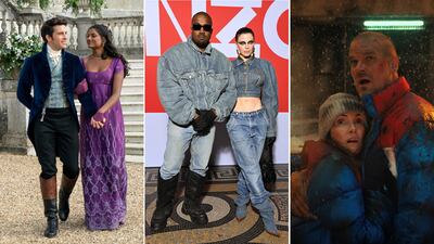 Couples can take inspiration from duos both on and off-screen, such as Anthony Bridgerton and Kate Sharma from 'Bridgerton'; ex-couple Kanye West and Julia Fox, and Joyce Byers and Jim Hopper from 'Stranger Things'. Photo: Netflix, Getty Images