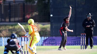 Esha Oza of the UAE bowls at the ICC Academy in Dubai. Pawan Singh / The National