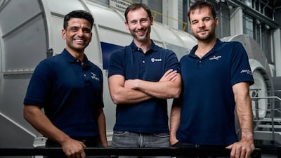 Three of the Axiom-4 crew members, from left, mission pilot Shubhanshu Shukla and mission specialists Sławosz Uznanski and Tibor Kapu during training at the European Astronaut Centre. Photo: Axiom Space