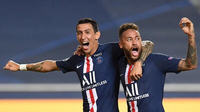PSG's Angel Di Maria celebrates scoring their second goal with Neymar. Reuters