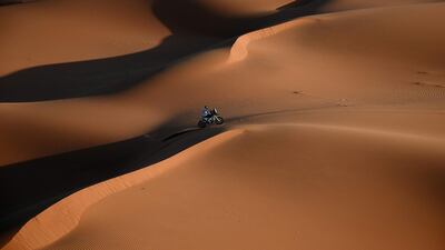 Chile' motorbike rider Pablo Quintanilla drives his Husqvarna during the Stage 7 of the Dakar 2020 between Riyadh and Wadi Al Dawasir, Saudi Arabia. AFP