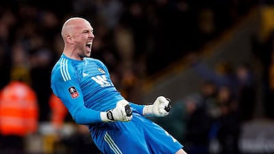 Wolverhampton Wanderers' John Ruddy celebrates after Diogo Jota scores their second goal. Reuters