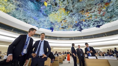 Delegates gather for a special session of the UN Human Rights Council in Geneva on May 18, 2018 to discuss Israel's use of deadly force against Palestinian protesters.