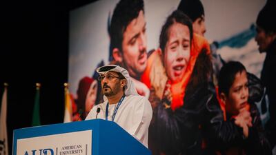 Hussain Al Hammadi, the Minister of Education, speaks on Monday at the UNHCR’s Youth Engagement and Global Refugee Crisis conference at American University Dubai. Alex Atack for The National