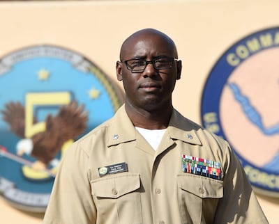 US Navy 5th Fleet spokesman Cmdr Tim Hawkins at 5th Fleet headquarters in the Bahraini capital Manama in 2021. AFP